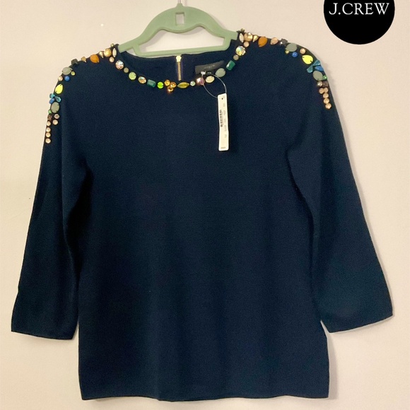 J CREW BEADED 3/4 SLEEVE NAVY MERINO WOOL BLEND SWEATER NWT- SIZE XXS $179. - Picture 12 of 14